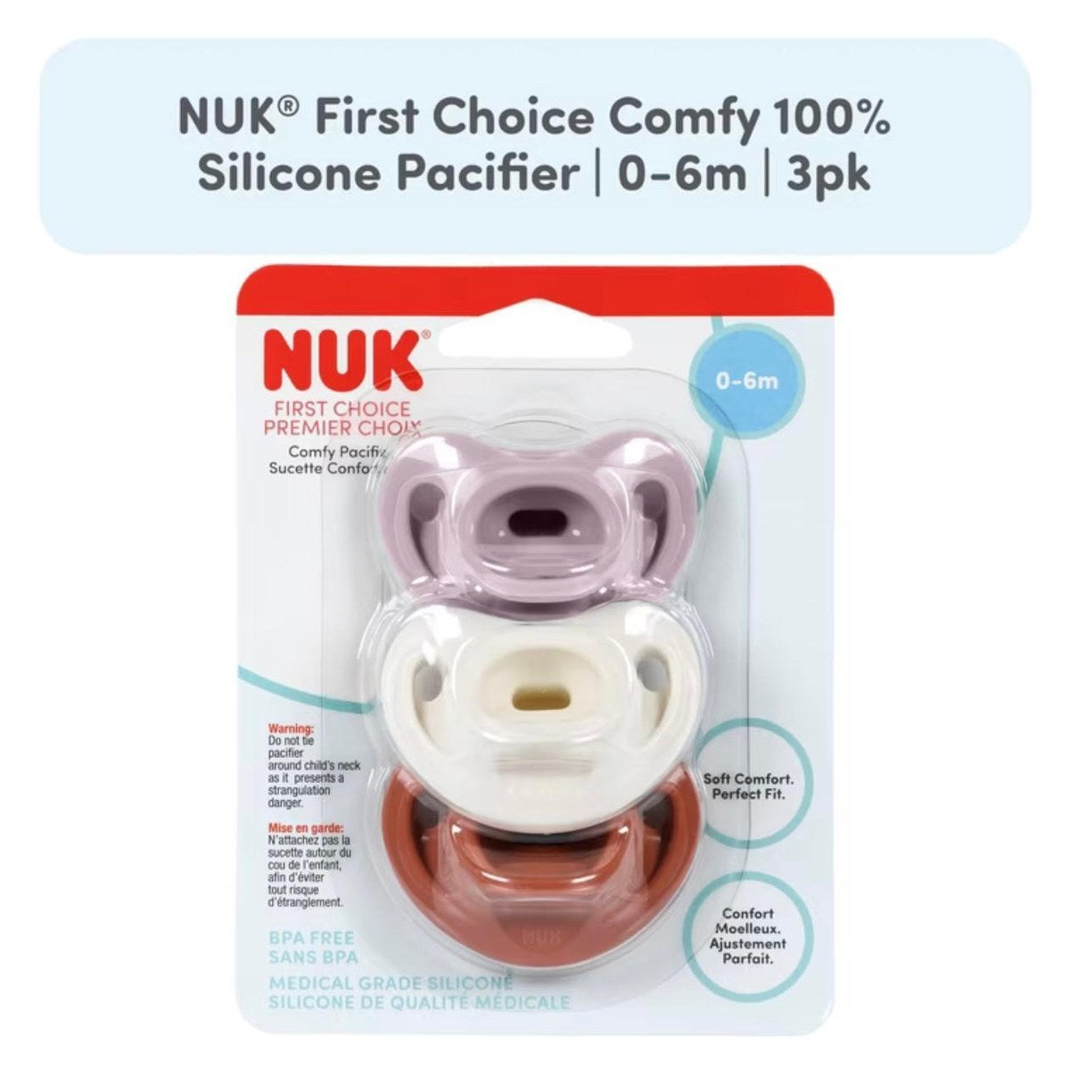NUK Comfy Pacifier 0–6m, 3-pack — Lavender, Cream & Mauve