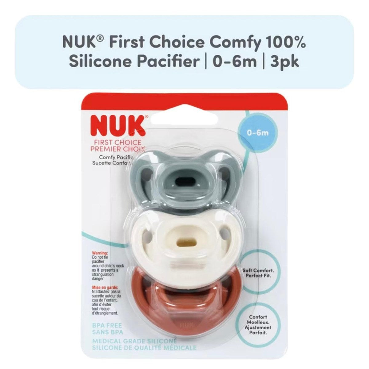 NUK Comfy Pacifier 0–6m, 3-pack — Blue-Grey, Cream & Rust