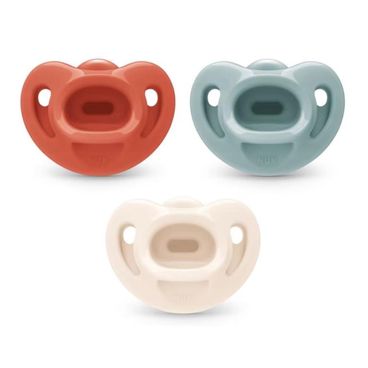 NUK Comfy Pacifier 0–6m, 3-pack — Blue-Grey, Cream & Rust